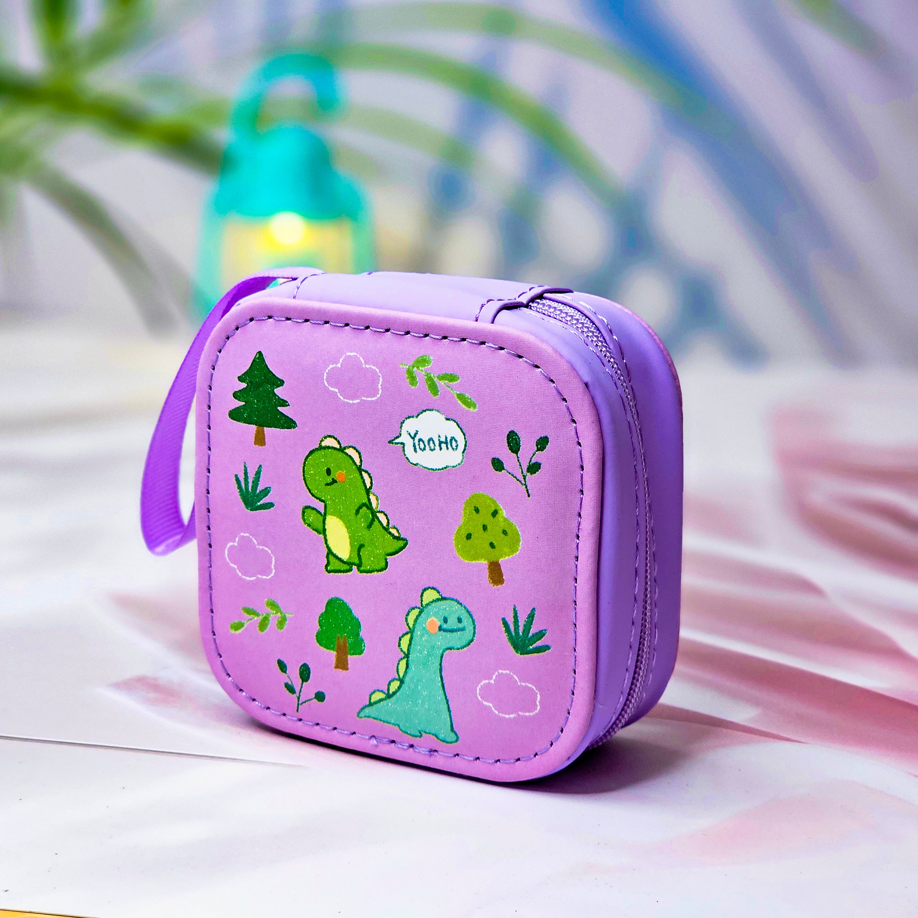 Six colorful cute cartoon square mini zipper pouches with astronaut, bunny, dinosaur, dog, and cloud designs, ideal for coins, earphones, and accessories